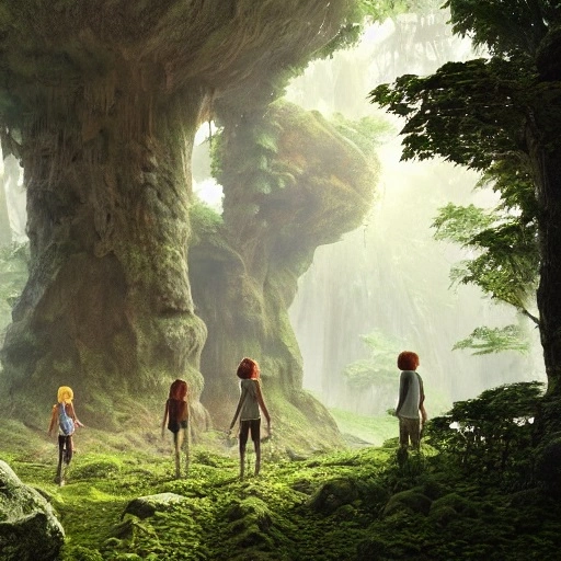 01268-3839250388-a young group of kids stumble upon an ancient stone talos in a lush forest ,cinematic, dramatic colors, cgsociety, computer rend.webp